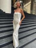 Off Shoulder Strapless Sleeveless Solid Evening Long Dress For Women  New Satin Backless Slim Party Clubwear