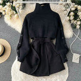 Autumn Winter Knit Two Piece Set Women's Single-breasted Turtleneck Cropped Pullover Sweater V-neck Vest Dress Solid Women Suit