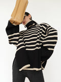 Fashion Tops Women Striped High Collar Sweater New Autumn Winter Loose Design Knitted Pullover Oversized Sweater  Jumper