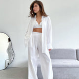 Women's Pajamas Summer Suit Cotton Linen Long Sleeve Shirt + Bra+ Pants Three Piece Outfit Casual Trouser Suits