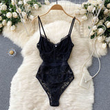 Women‘s Vintage American Retro Lace Camis Jumpsuits V Neck Sexy Black Ruffles Hot Sweet Hollow Out  Mesh Splicing Sheer Bodysuit