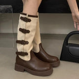 New Women Knee High Chelsea Boots Flats Casual Shoes Winter Designer Platform High Boots Goth Shoes Motorcycle Snow Botas