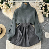 Autumn Winter Knit Two Piece Set Women's Single-breasted Turtleneck Cropped Pullover Sweater V-neck Vest Dress Solid Women Suit