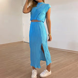 Glitter Material Pleated Skirt Set 2 Pcs Women Outfits Summer Slit Maxi Long Dress Set Stand Collar Sleevleess Party Suit Casual