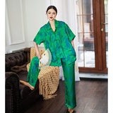 Autumn Luxury Satin Women Green Print Pajamas Set Half Sleeve Shirt Loose Pants Sleepwear Suit Ladies Office 2 Piece Sets Outfit