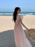 summer new lady ruffle edge off shoulder dress sweet fashion sexy long robe femme pink women slim elegant charming fairy dresses