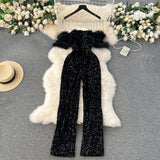 goosudu  Autumn Elegant Sexy Black Jumpsuits Europen Fashion Off the Shoulder Feather Patchwork Sequins Slim Long Playsuit