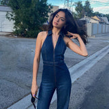 Hugcitar Denim Jumpsuit V Neck Zipper Bell Sleeveless Sexy Outifts Elegant Backpacker  Party Summer