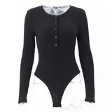 Button Up Solid Ribbed Knitted Long Sleeve Bodysuits for Women Elegant Slim Tops High Rise Bodysuit Spring Clothes