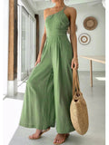 Waist Folds Backless Double Strap Casual Wide Leg Jumpsuit Long Pants Green  New Female Loose  Jumpsuit