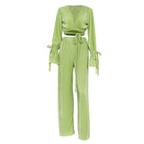 Green Pleated 2Pieces Pants Suits Women Sets Solid Flare Long Sleeve Bandage Crop Tops+Wide Leg Loose Long Pants Outfits