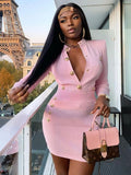 Elegant Evening Club Party Dress New Winter Style Sexy Long Sleeve Key Hole Button Pink Mini Women Bodycon Bandage Dress