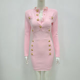 Elegant Evening Club Party Dress New Winter Style Sexy Long Sleeve Key Hole Button Pink Mini Women Bodycon Bandage Dress