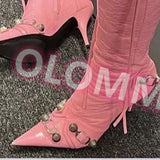 New Women Slim High Heel Metal Buckle Chain Luxury Shoes Fashion Comfortable Pointed Toe Ankle Boots Stiletto Party Short Boots