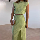 Glitter Material Pleated Skirt Set 2 Pcs Women Outfits Summer Slit Maxi Long Dress Set Stand Collar Sleevleess Party Suit Casual