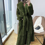 New Imitation Fur Coats Women's Winter Mid-length Lace-up Jackets Fashion Big Size Long Sleeve Thicken Black Overcoat