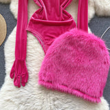 goosudu Autumn Long Sleeves Bodysuits  Women O Neck Open Crotch Velvet Slim Playsuits+Plush Sexy Mini Skirt Suits