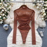 goosudu Autumn Mesh Basic Top Women Turtleneck Long Sleeve Ruched Open Crotch Slim Playsuits Fashion Sheer Sexy Bodysuits