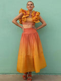 Rainbow Holiday Skirt Suit Female Flounce Sleeve Skinny Crop Top And Elastic High Waist Pleated Skirts 2 Pieces Set Women Party