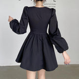 woloong  New Fashion Elegant Puff Long Sleeve Black Dress Women Corset Summer Clothes Goth Sexy Party Club Outfits Mini Pleated Skirt Y2k