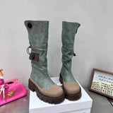 Autumn and Winter New Fashion Two Knee length Boots Women's Denim Washed Shell Head Thick bottomed Tooling Boots