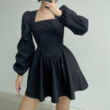 woloong  New Fashion Elegant Puff Long Sleeve Black Dress Women Corset Summer Clothes Goth Sexy Party Club Outfits Mini Pleated Skirt Y2k