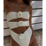 Two-Pieces Women Floral Lace Up  Push-Up Padded Bra White Swimsuit Swimwear Bathing Suit Beachwear Monokini Female