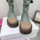 Autumn and Winter New Fashion Two Knee length Boots Women's Denim Washed Shell Head Thick bottomed Tooling Boots
