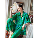 Autumn Luxury Satin Women Green Print Pajamas Set Half Sleeve Shirt Loose Pants Sleepwear Suit Ladies Office 2 Piece Sets Outfit