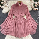 Elegant Solid Stand Collar Fold Waist Closed Dress Women Leisure Pleated Vestido Female Summer New Tide Fashion