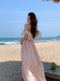 summer new lady ruffle edge off shoulder dress sweet fashion sexy long robe femme pink women slim elegant charming fairy dresses