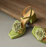 goosudu Woman Shoes New Summer Fashion Chunky High Heels Platform Black Green Sweet Flower Dress Party Female Sandals
