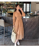 goosudu  Summer New Fashion French Women Dresses Vintage Floral Chiffon Dress Female High Waist Simple V-neck Long Sleeve Dress