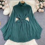 Elegant Solid Stand Collar Fold Waist Closed Dress Women Leisure Pleated Vestido Female Summer New Tide Fashion