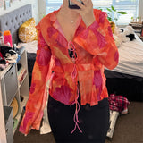 Tie-Dye Print Ruffle Trim Tie-Up Cardigans Women Long Sleeve Shirts Spring Summer V-Neck Swimsuit Cover-Up Tops