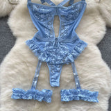 Women Sexy Floral Lace Strappy Bodysuit Fashion One Piece Rompers Lingerie Erotic Tight Embroidery Combination Catsuit