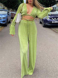 Green Pleated 2Pieces Pants Suits Women Sets Solid Flare Long Sleeve Bandage Crop Tops+Wide Leg Loose Long Pants Outfits