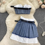 goosudu  Fashion American Retro Y2K Sexy Denim Suits Women Strapless Mini Top+ Pleated Mini Skirt Vintage Beach Two Pieces Set