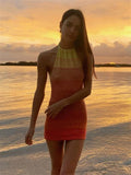 Summer Gradient Backless Knit Dress Women  New Mini Beach Party Halter Dress Holiday Slim Ladies Stretch Sweater Dress