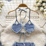 goosudu American Hotsweet Sets Halter Sleeveless Backless Love Tops+High Waist Button Basics Shorts Fashion Sexy Denim Suits