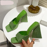 New Summer CRYSTAL Triangle Thick heel Slippers Sexy Street Woman Square toes Dress Party shoes size 35-41