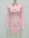 Elegant Evening Club Party Dress New Winter Style Sexy Long Sleeve Key Hole Button Pink Mini Women Bodycon Bandage Dress