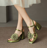 goosudu Woman Shoes New Summer Fashion Chunky High Heels Platform Black Green Sweet Flower Dress Party Female Sandals