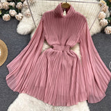 Elegant Solid Stand Collar Fold Waist Closed Dress Women Leisure Pleated Vestido Female Summer New Tide Fashion