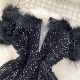 goosudu  Autumn Elegant Sexy Black Jumpsuits Europen Fashion Off the Shoulder Feather Patchwork Sequins Slim Long Playsuit