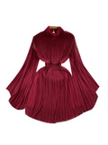 Elegant Solid Stand Collar Fold Waist Closed Dress Women Leisure Pleated Vestido Female Summer New Tide Fashion