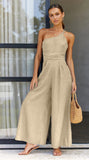 Waist Folds Backless Double Strap Casual Wide Leg Jumpsuit Long Pants Green  New Female Loose  Jumpsuit