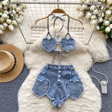 goosudu American Hotsweet Sets Halter Sleeveless Backless Love Tops+High Waist Button Basics Shorts Fashion Sexy Denim Suits