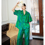 Autumn Luxury Satin Women Green Print Pajamas Set Half Sleeve Shirt Loose Pants Sleepwear Suit Ladies Office 2 Piece Sets Outfit