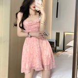 goosudu Y2K Pink Romantic Floral Spaghetti Slip Dress Women  Summer Slim Elastic High Waist Party Club Mini Dresses